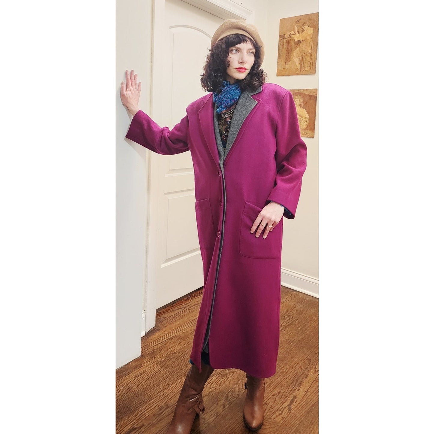 Vintage 80s Purple Wool Coat Perry Ellis Portfolio w/Removable Gray Liner Vest Duster