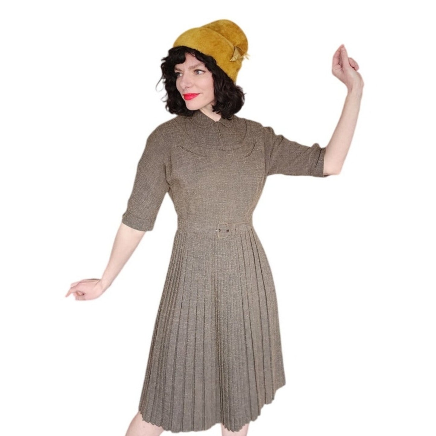 Vintage 40s Day Dress Textured Belted Brown Olive Green Kabro of Houston