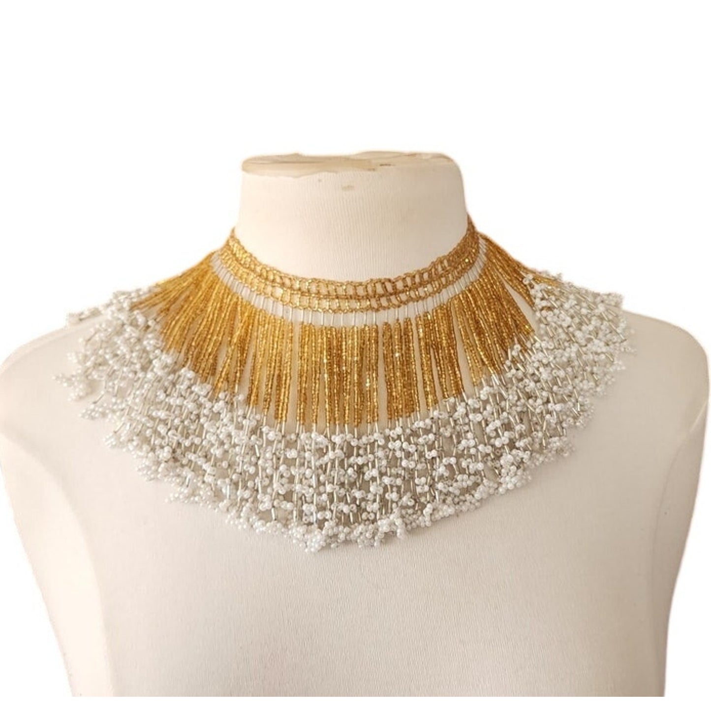 Vintage Bib Necklace Boho Fringed Beaded Collar Choker Gold Maximalist Egyptian
