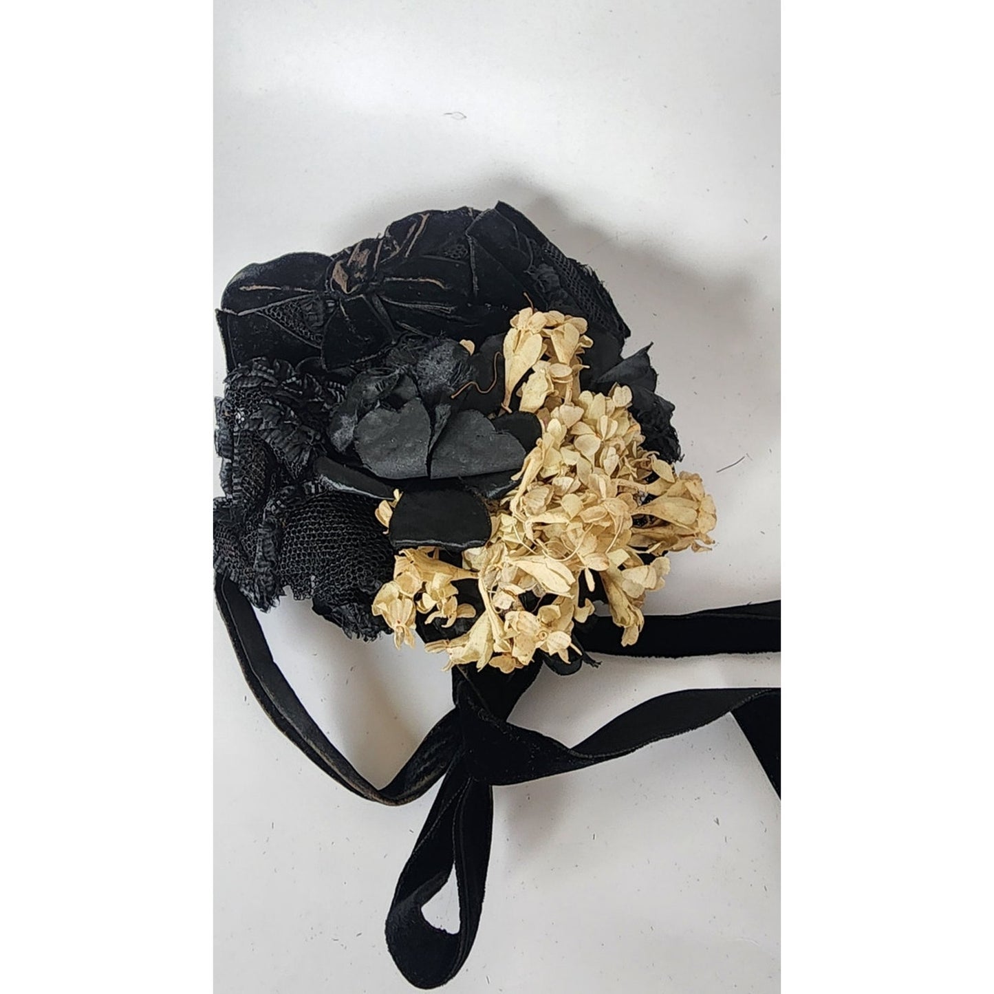 Antique Victorian Hat Black Satin w/Cream Silk Flowers 1800s 19th Century
