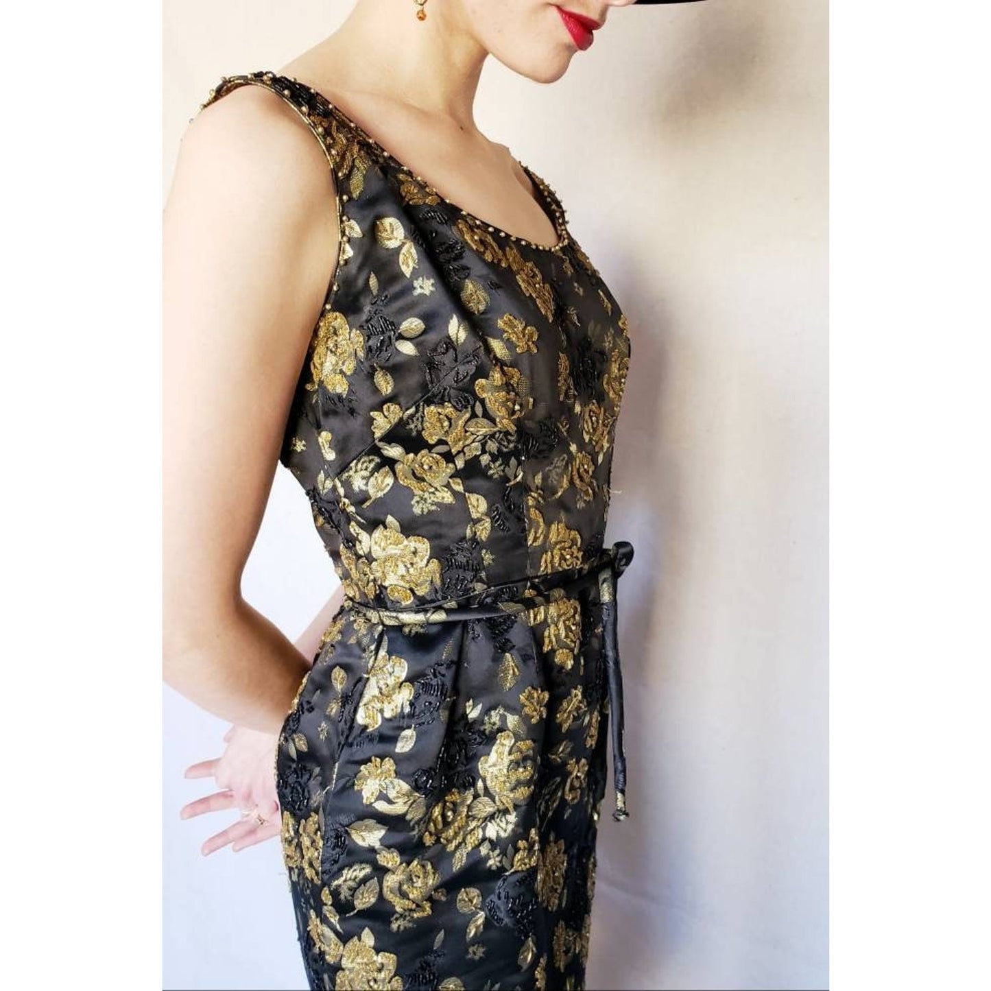 Vintage 1960s Cocktail Dress Black Gold Floral Beaded Brocade Sleeveless Wiggle Party Dress Ornate S