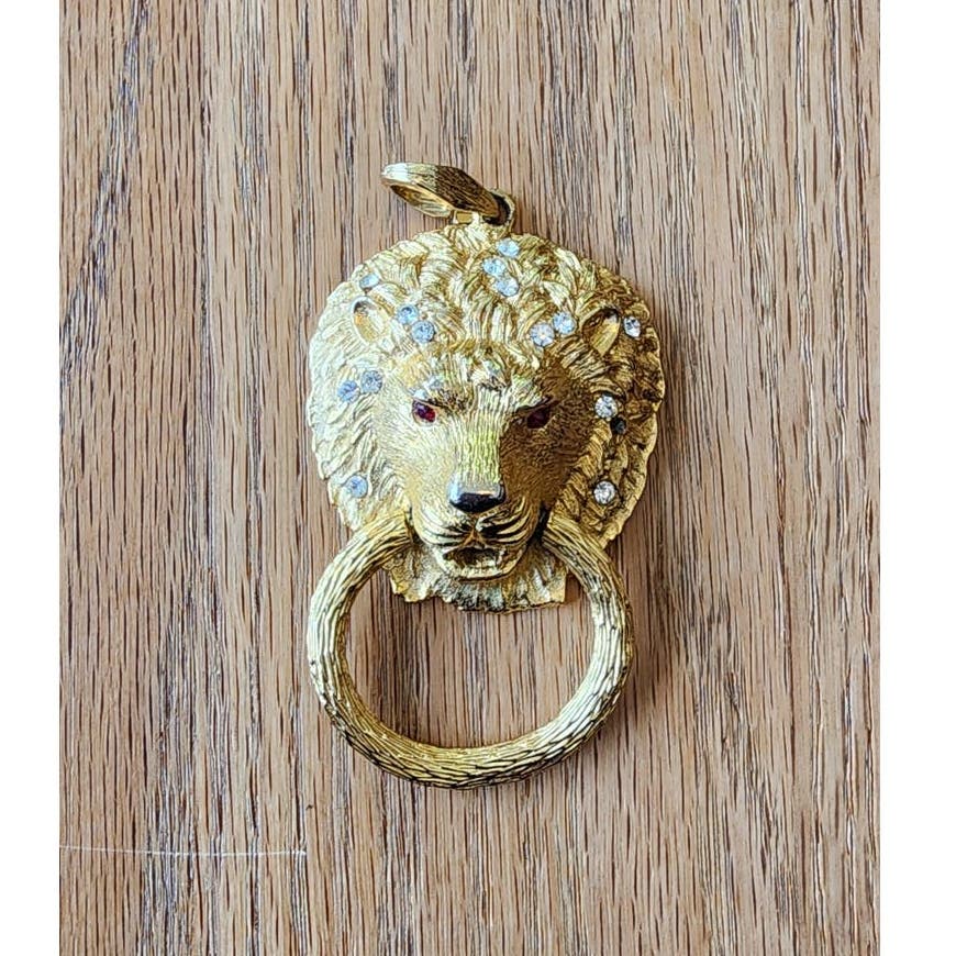 Vintage 60s Lion's Head Pendant Door Knocker Hammered Gold Rhinestones