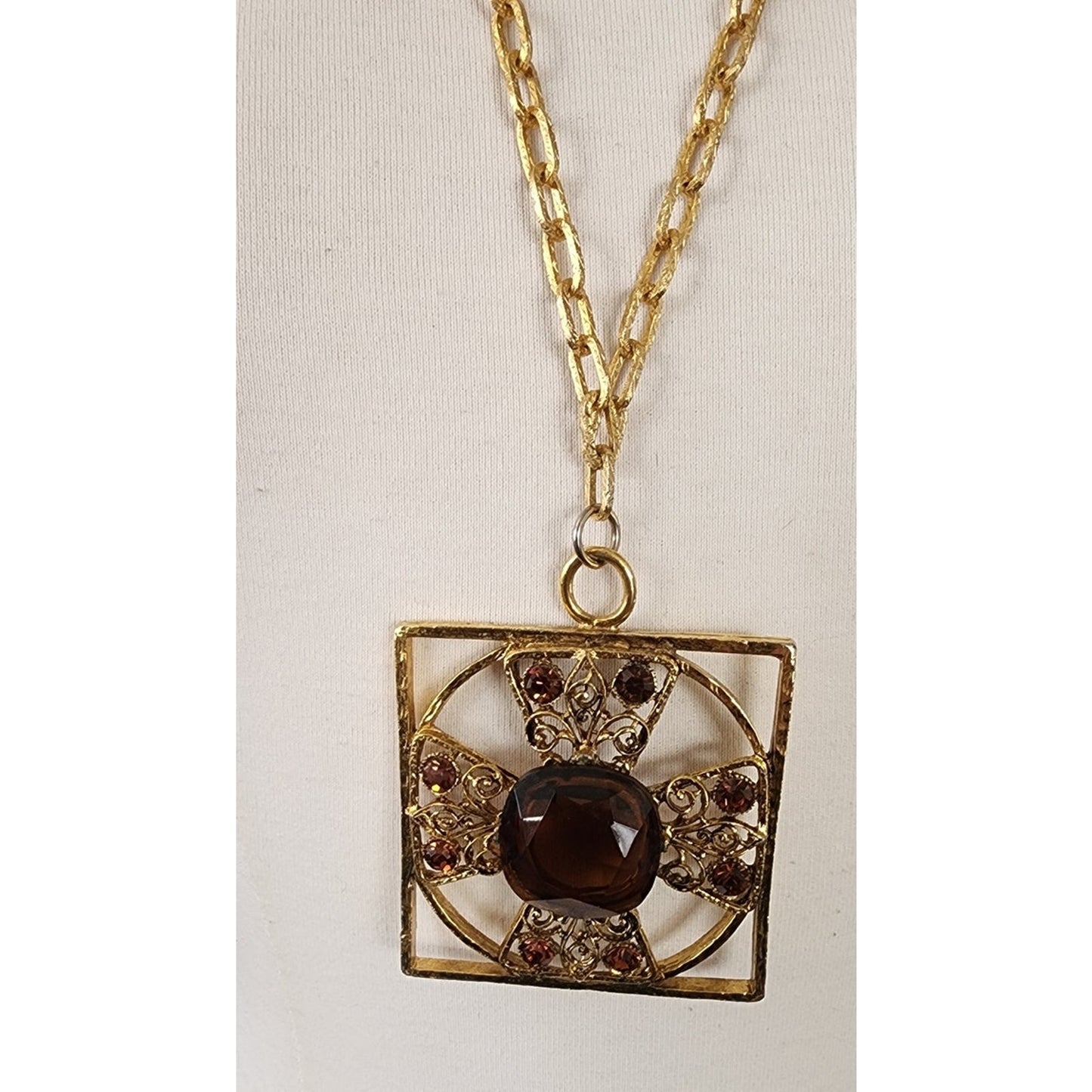 Vintage 60s Baroque Pendant Necklace Maltese Cross Gold Amber Brown Glass