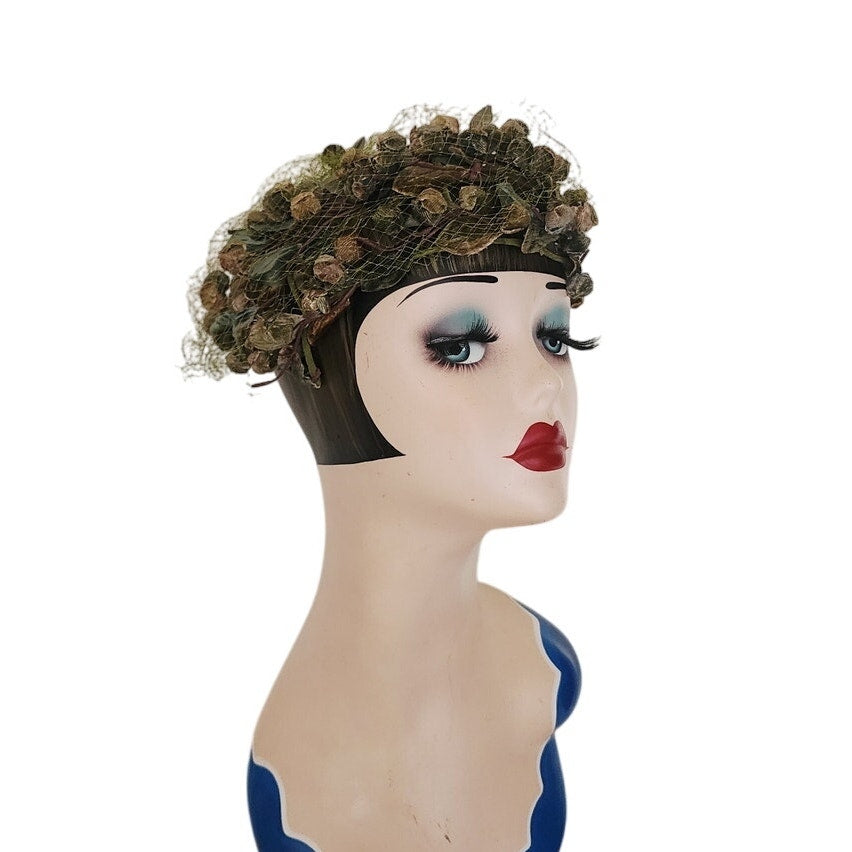 Vintage 1950s Green Hat Floral Fruit Crown Circlet Fascinator w/Veil by Chapette