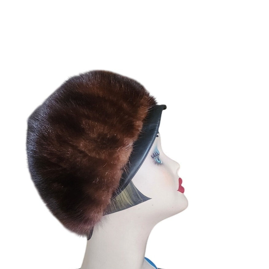 Vintage 1960s Mod Hat Brown Mink Fur Tam Marshall Field Co Chicago Winter Statement