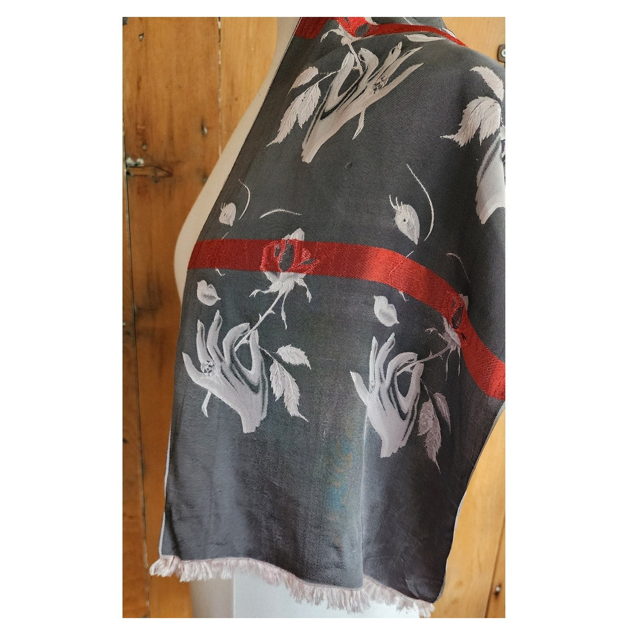 Vintage 40s Silk Embroidered Scarf Woman's Face w/Rose Flower