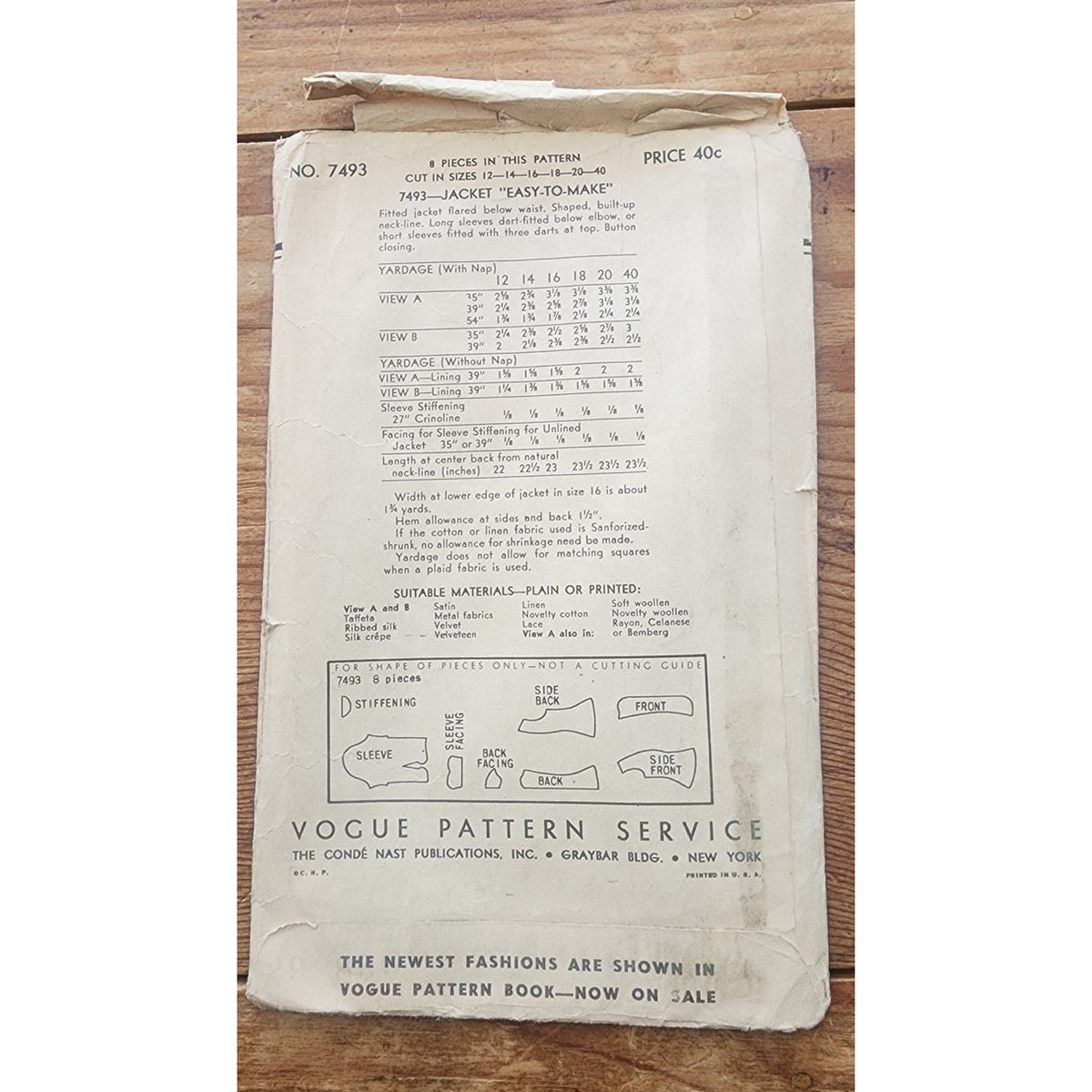 Pattern 32 Vintage 40s Sewing Pattern: Fitted Jacket Vogue Pattern 7493 Bust 32 ...