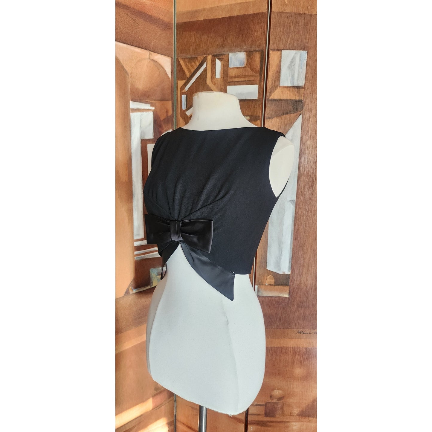 Vintage 60s Black Shell Dressy Top w/Large Satin Bow / Medium