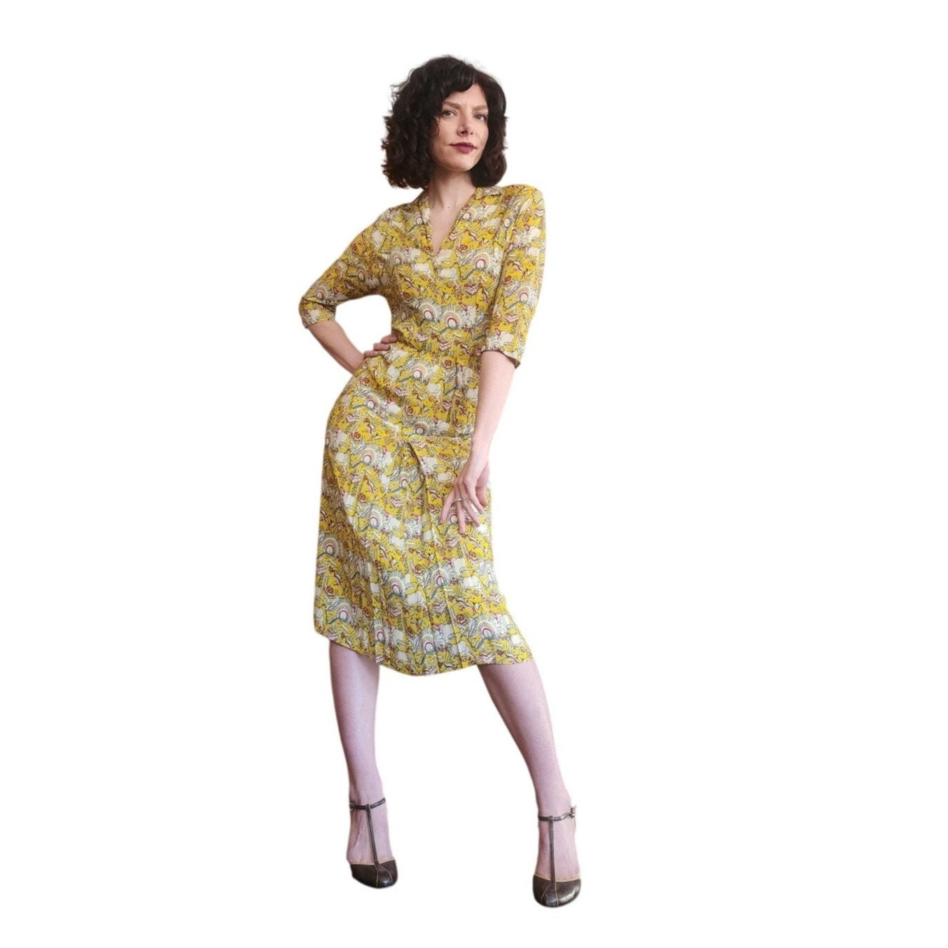 Vintage 40s Yellow Rayon Novelty Print Midi Dress XS