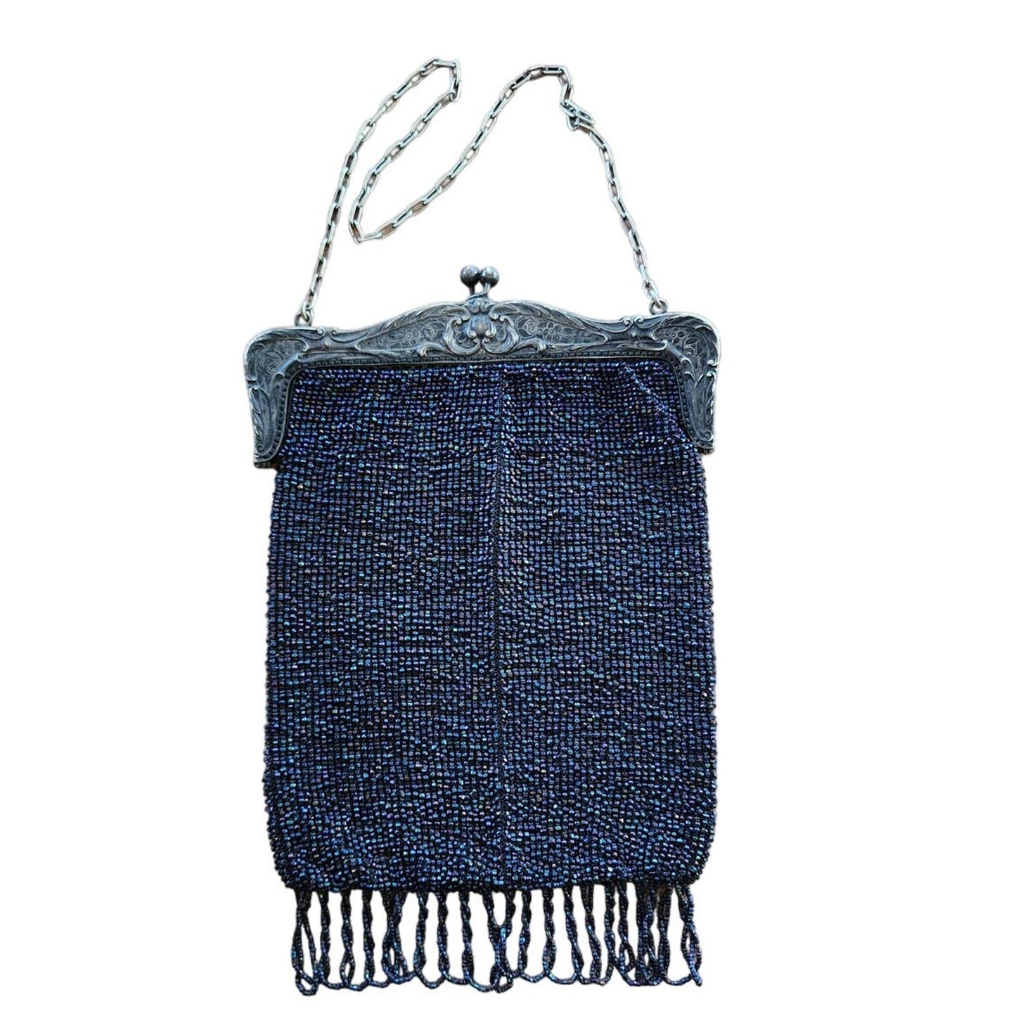 Edwardian Beaded Evening Bag Navy Blue Glass Microbeading