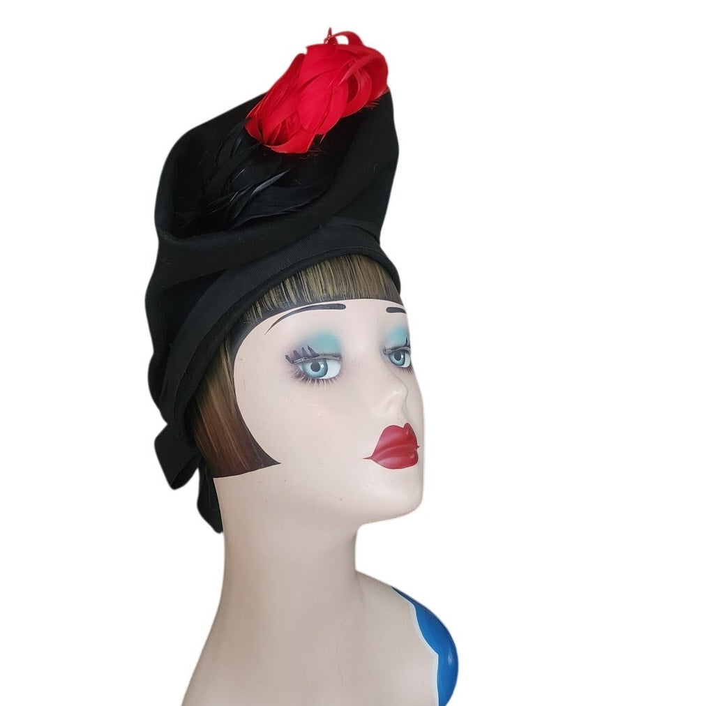 Vintage 1930s Black Tilt Hat Sculptural High Crown Feather Asymmetrical Art Deco 23"