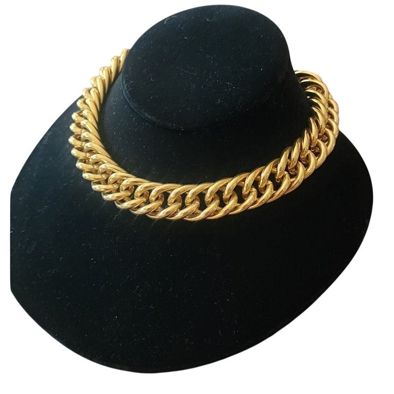Vintage 80s Anne Klein Chunky Cuban Chain Link Choker Necklace Gold Tone