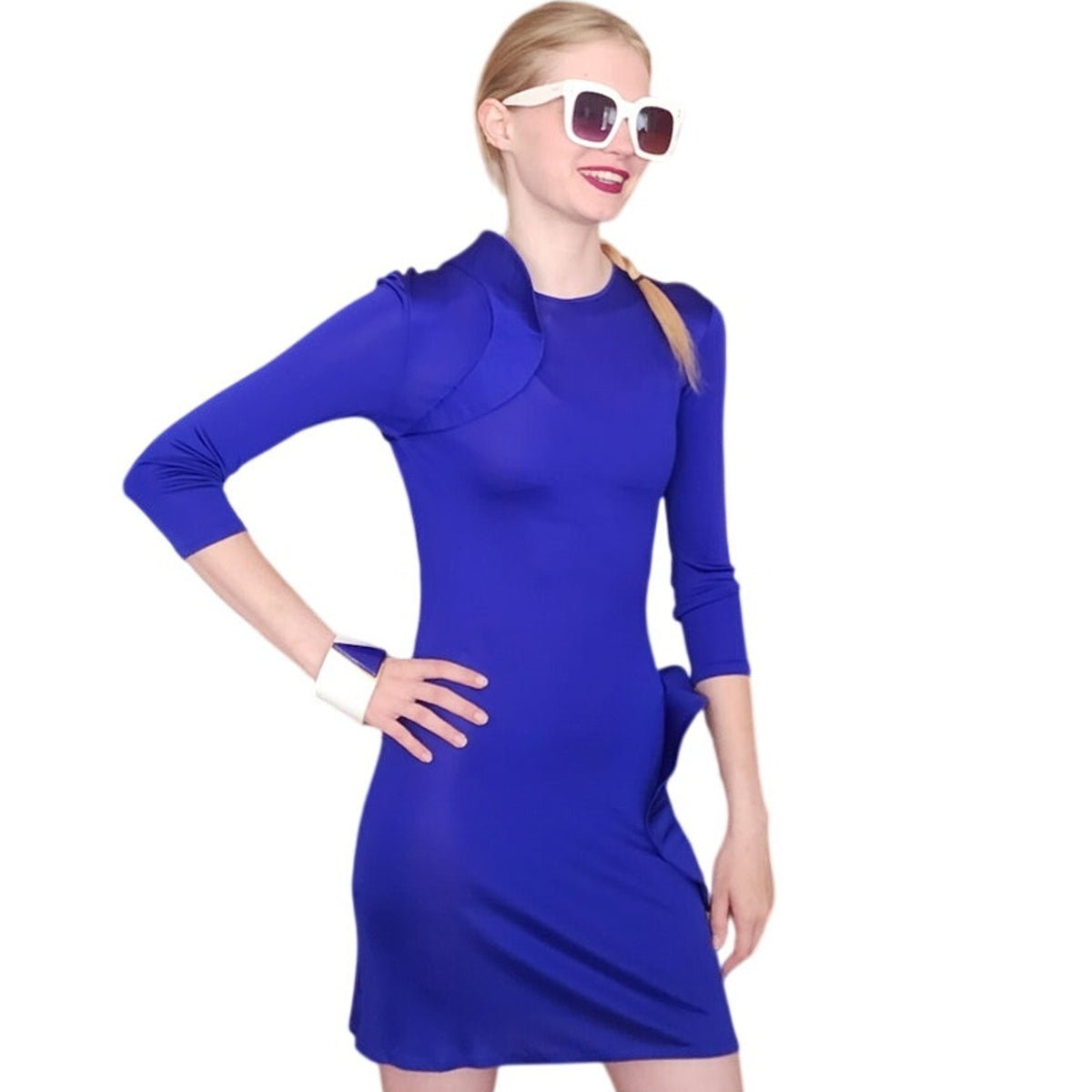 2010 Bodycon Dress Electric Blue Alexander McQueen Sculptural Ruffles Small