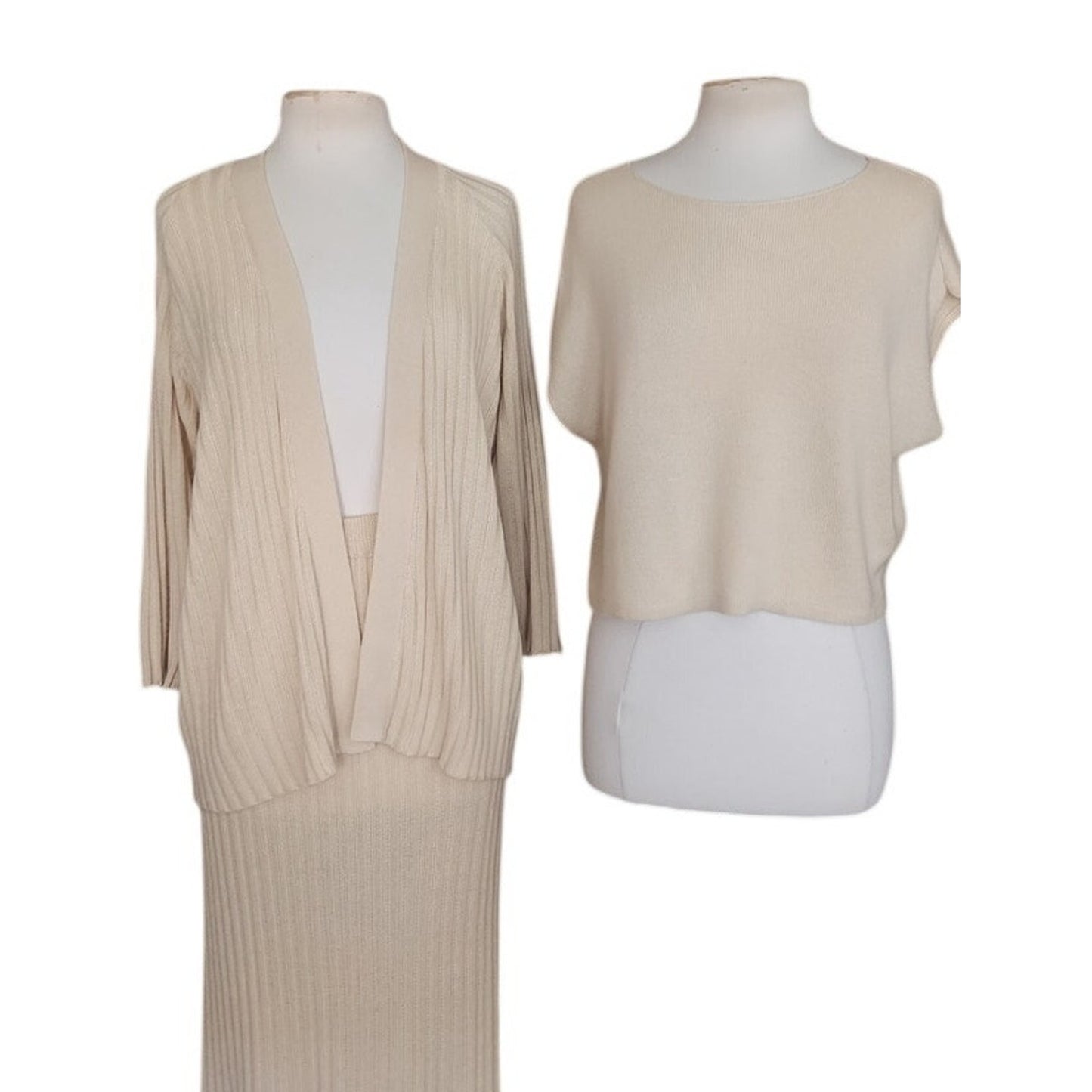 Vintage 1990s Zoran Set Cashmere Silk Knit Cardigan Maxi Skirt Shell Cream 3 Pc