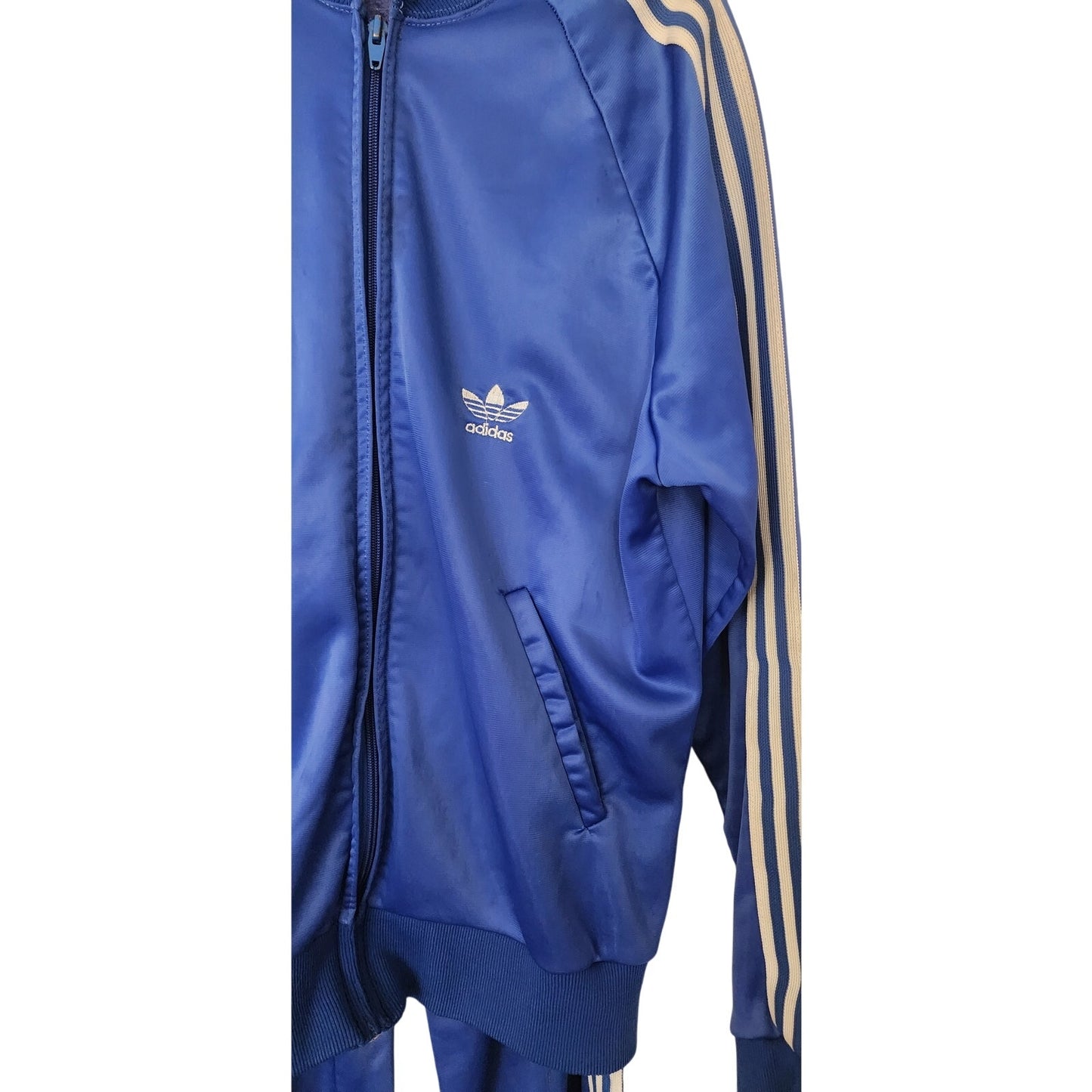 Vintage 1970s ADIDAS Track Suit Blue w/White Stripe Jacket + Pants / Medium