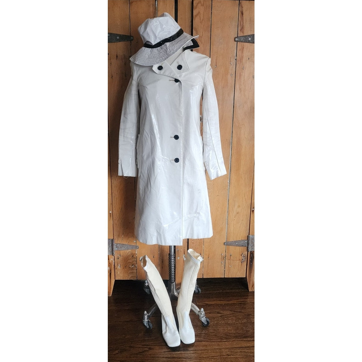 Vintage 60s Mod Coat Boots Hat Ensemble White Vinyl Jean Louis Paris AS IS