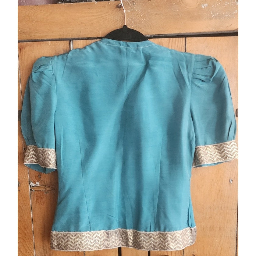 Vintage 30s Pants Top Set Play Suit Playwear Blue Silk, Silver Embroidery