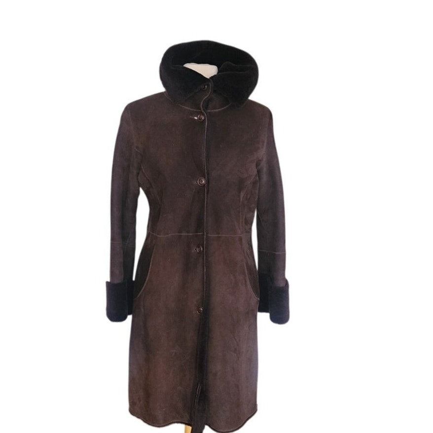 Vintage Cole Haan City Shearling Coat Brown Suede Sheepskin Parka Small