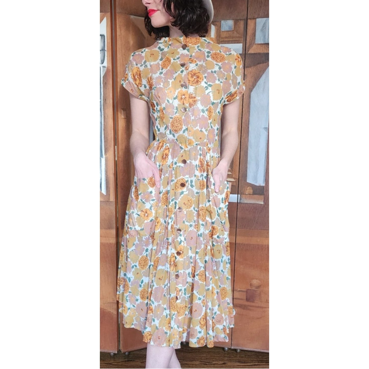 Vintage 40s Floral Print Short Sleeve Button Front Cotton Midi Day Dress w/Pockets Circle Skirt