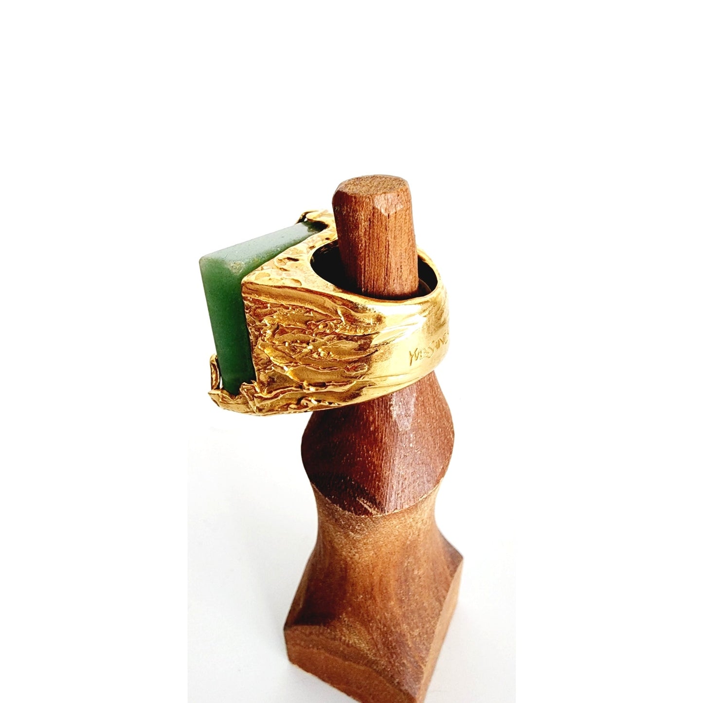 Vintage Yves Saint Laurent Arty Ring Green Aventurine Stone Chunky Gold Base
