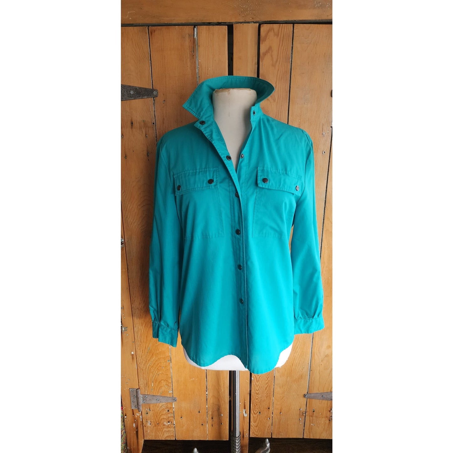 Vintage 70s Diane Von Furstenberg Shirt Blue Green Snap Front