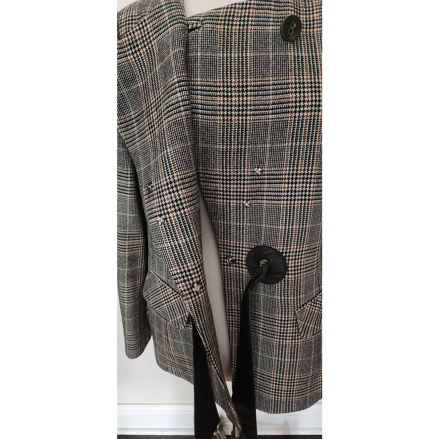 Vintage 2000s Armani Collezioni Blazer Wool Plaid Jacket Leather Sash Tie