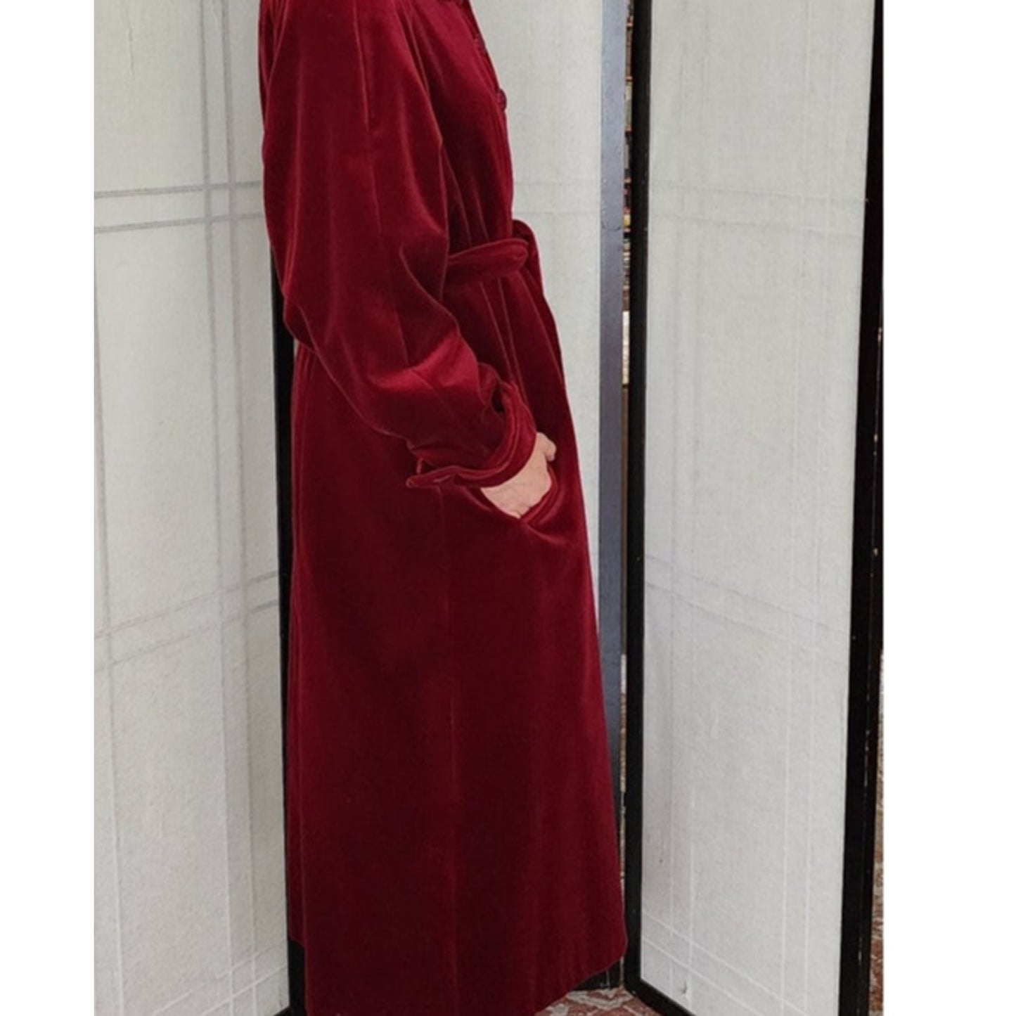 Vintage 80s Red Velvet Coat Raglan Sleeves, Belted