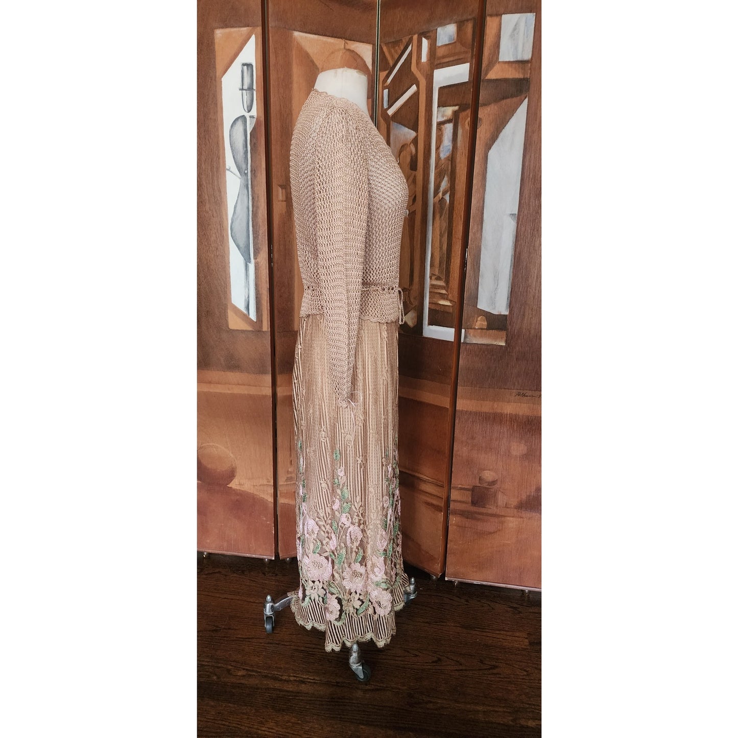 Vintage 1970s Jayna New York Dress Set Knit Crochet Top + Skirt Beige Lace Embroidery