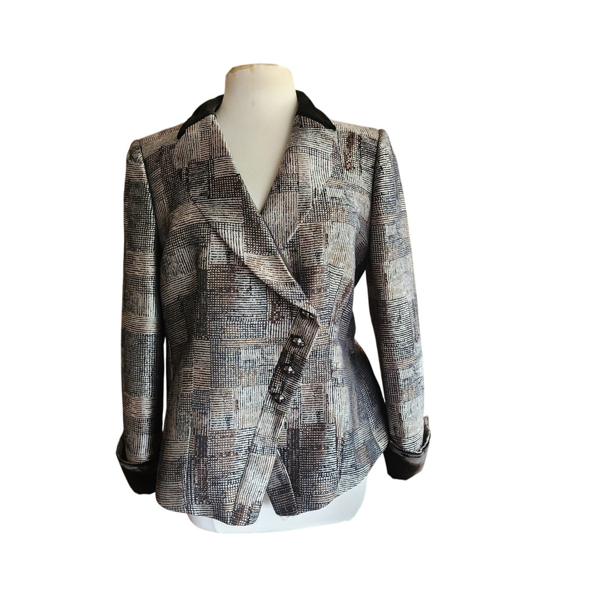 Armani Collezioni Blazer Silver Black Jacket Jacquard Print Asymmetrical Buttons Large