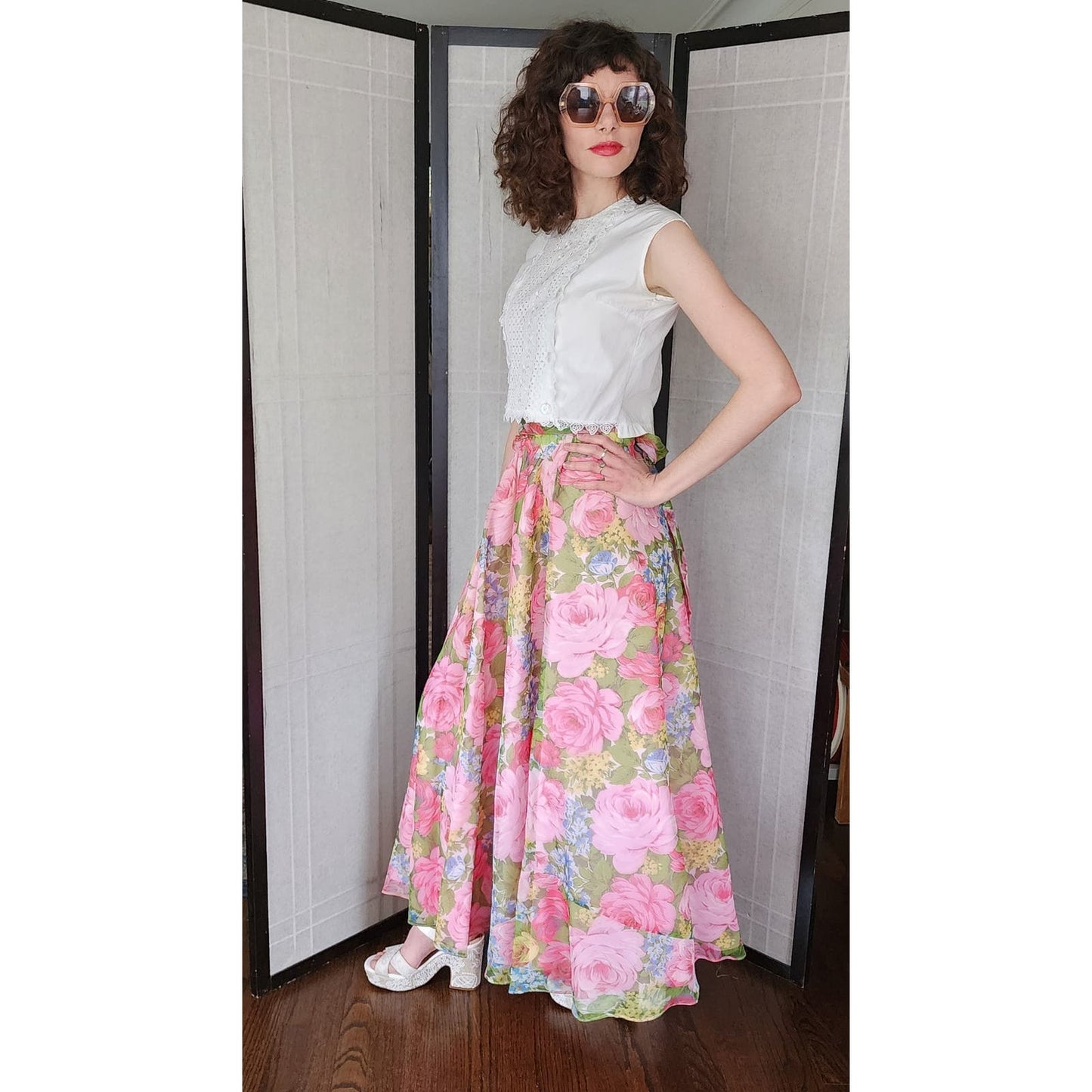 Vintage 70s Maxi Skirt Elastic Waist Pink Floral Print Saks Fifth Avenue