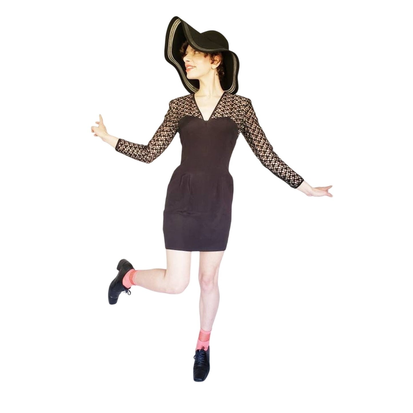Vintage 1980s Black Party Dress Crochet Lace Nude Illusion Long Sleeved Kathryn Dianos Zip Front