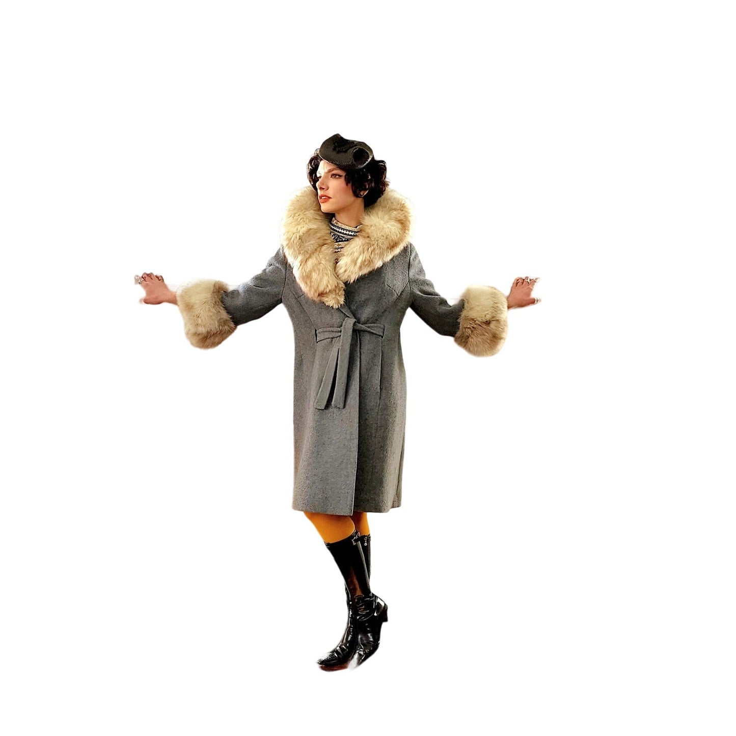 60s Gray Coat Cream Fox Fur Collar & Cuffs by Gino Rossi