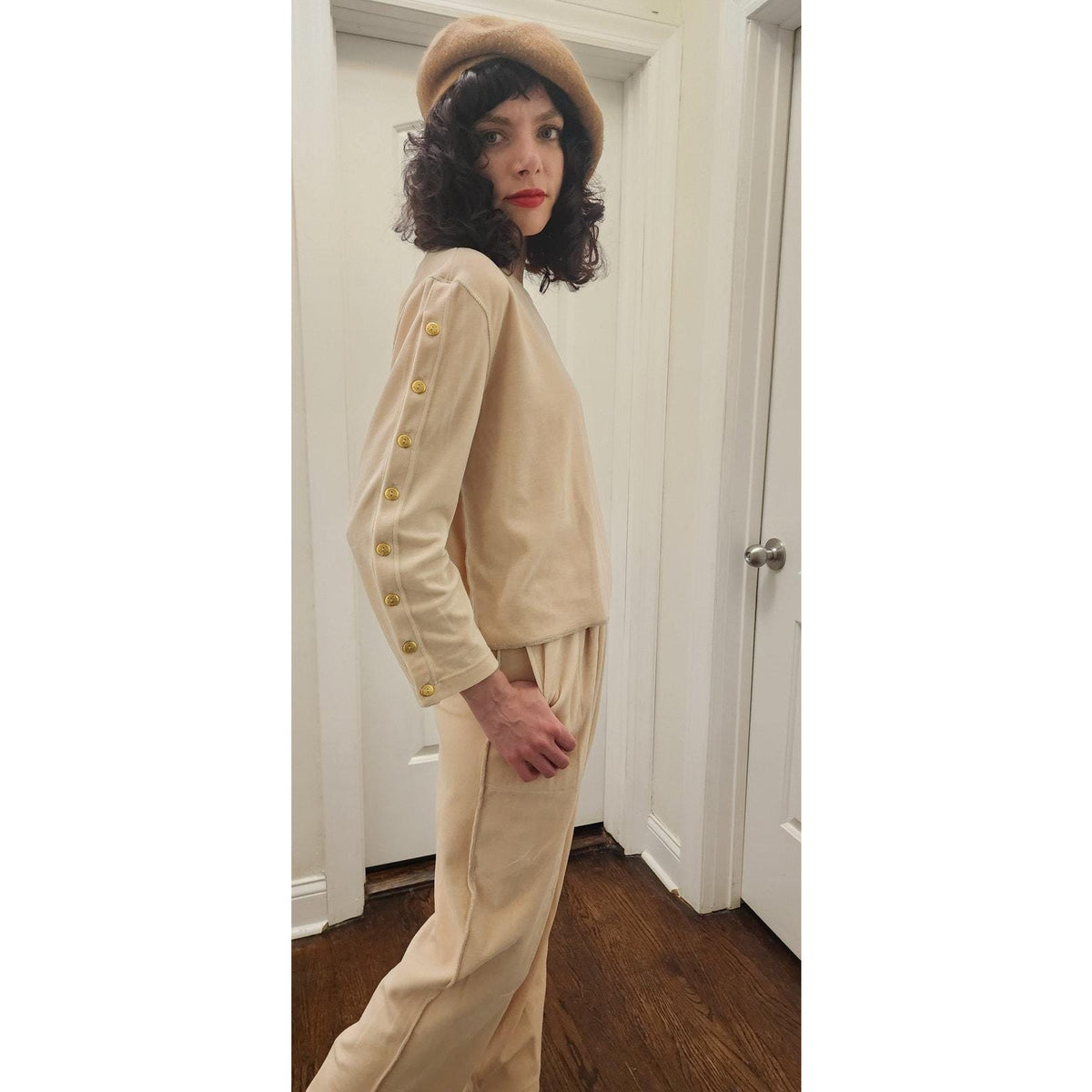 Vintage 1990s Sonia Rykiel Track Suit Beige Velour Gold Logo Buttons Top Pants