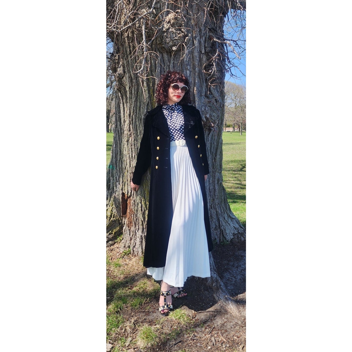Vintage 1970s Maxi Dress Polkadot Print Pleated Skirt Black White Belted / S