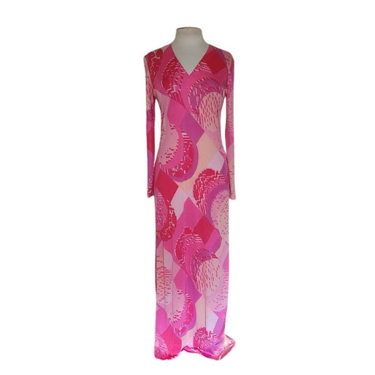 Vintage 1970s Maxi Dress Pink Red Geometric Print Rayon Jersey Stretch