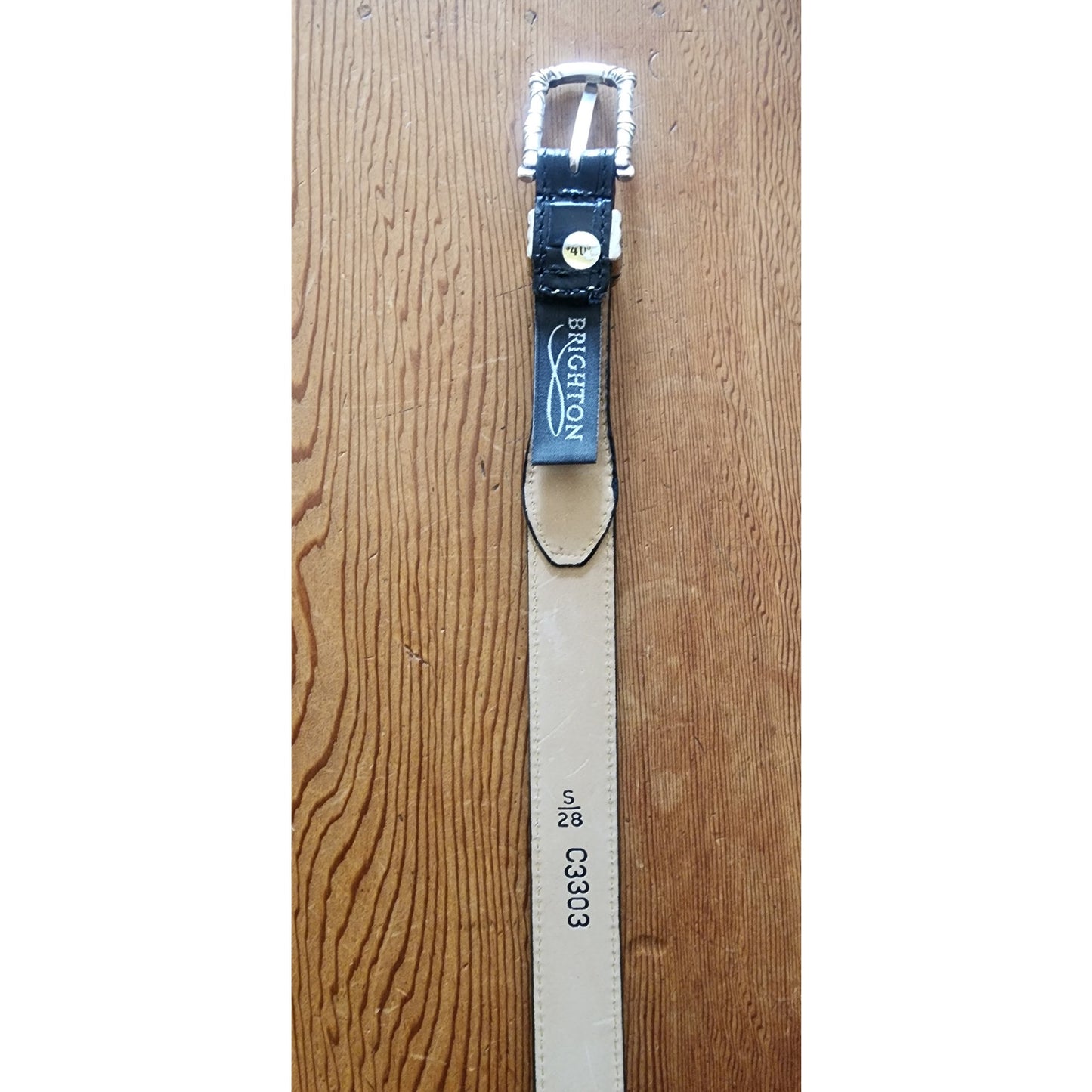 Vintage 1990s Brighton Leather Belt Black Leahter Beige Canvas Silver Buckle 28