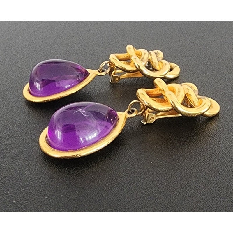 Vintage 80s 90s Gold and Purple Teardrop Clip-On Earrings Etruscan Revival