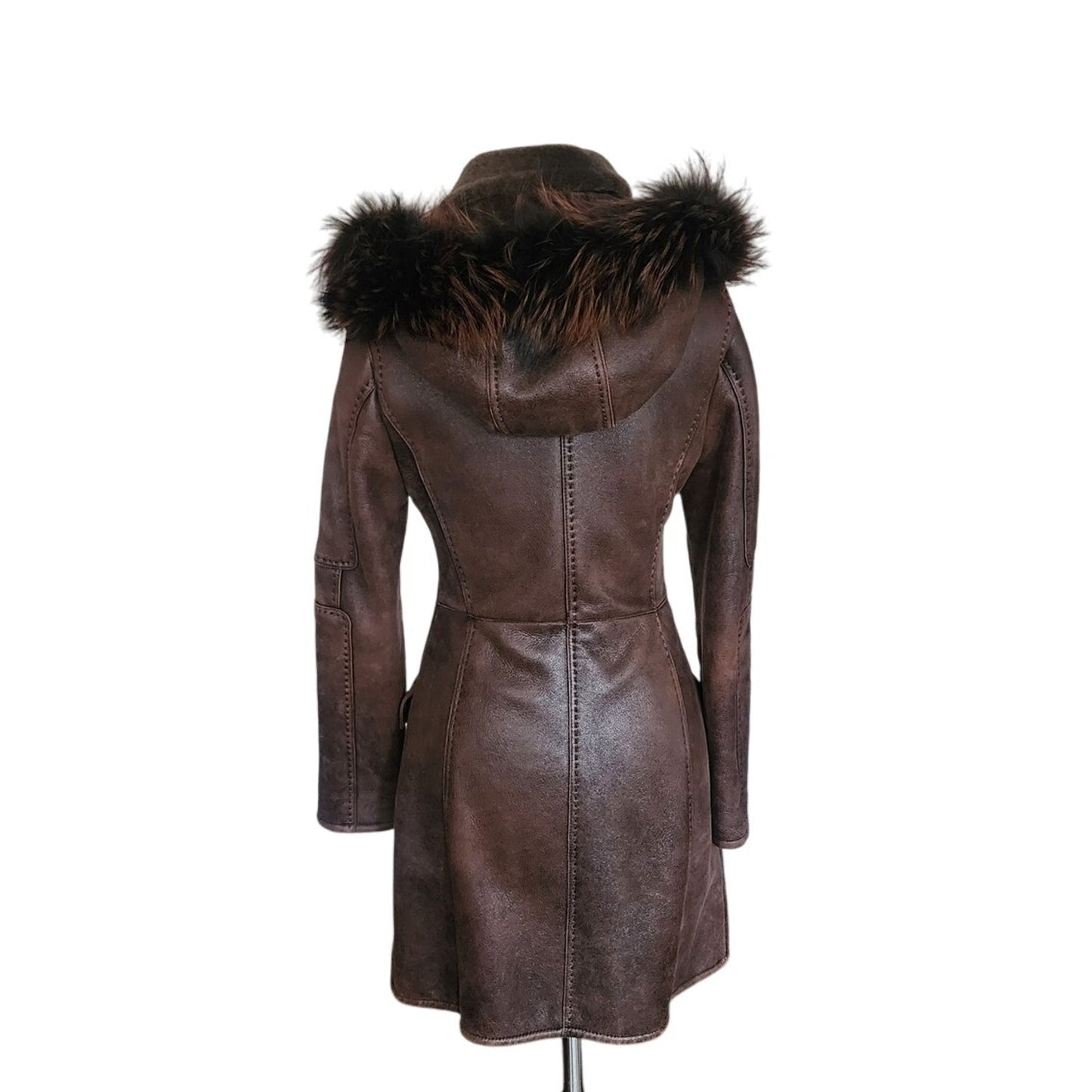 Vintage Y2K Brown Leather Parka Coat w/Fur Lined Hood & Shearling Liner Fitted S
