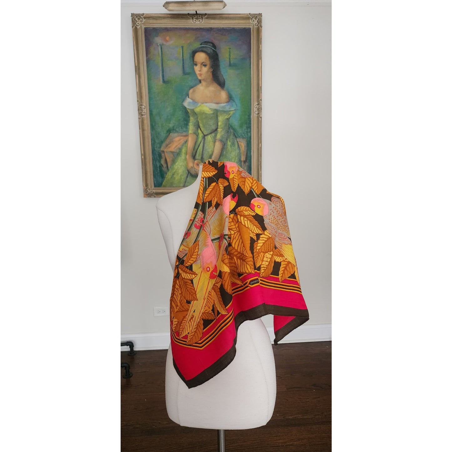 Vintage HERMÈS Scarf Les Perroquets Cashmere Silk Pink Navy Gold Carre Foulard Joachim Metz 1984
