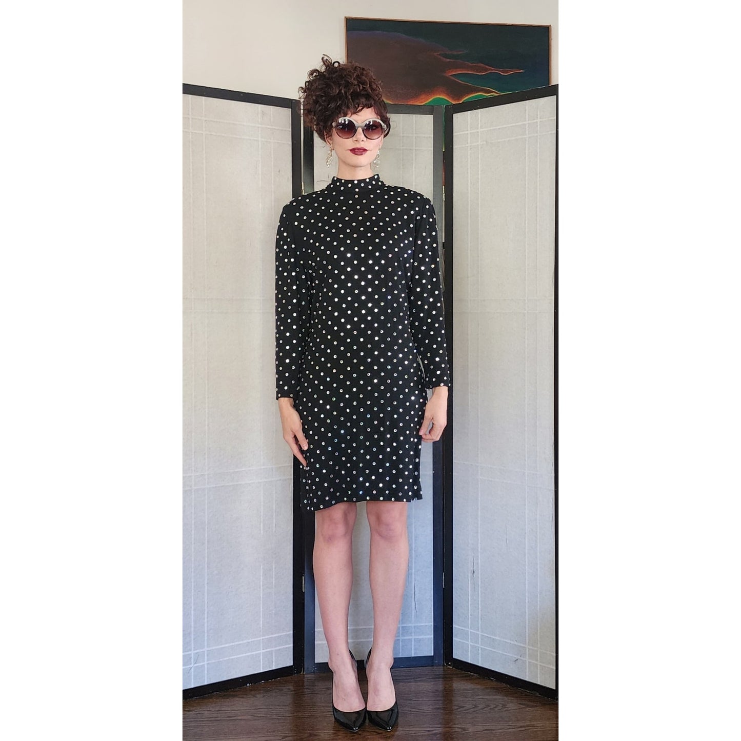 Vintage 80s Rhinestone Beaded Dress Black Long Sleeves by Richilene / M
