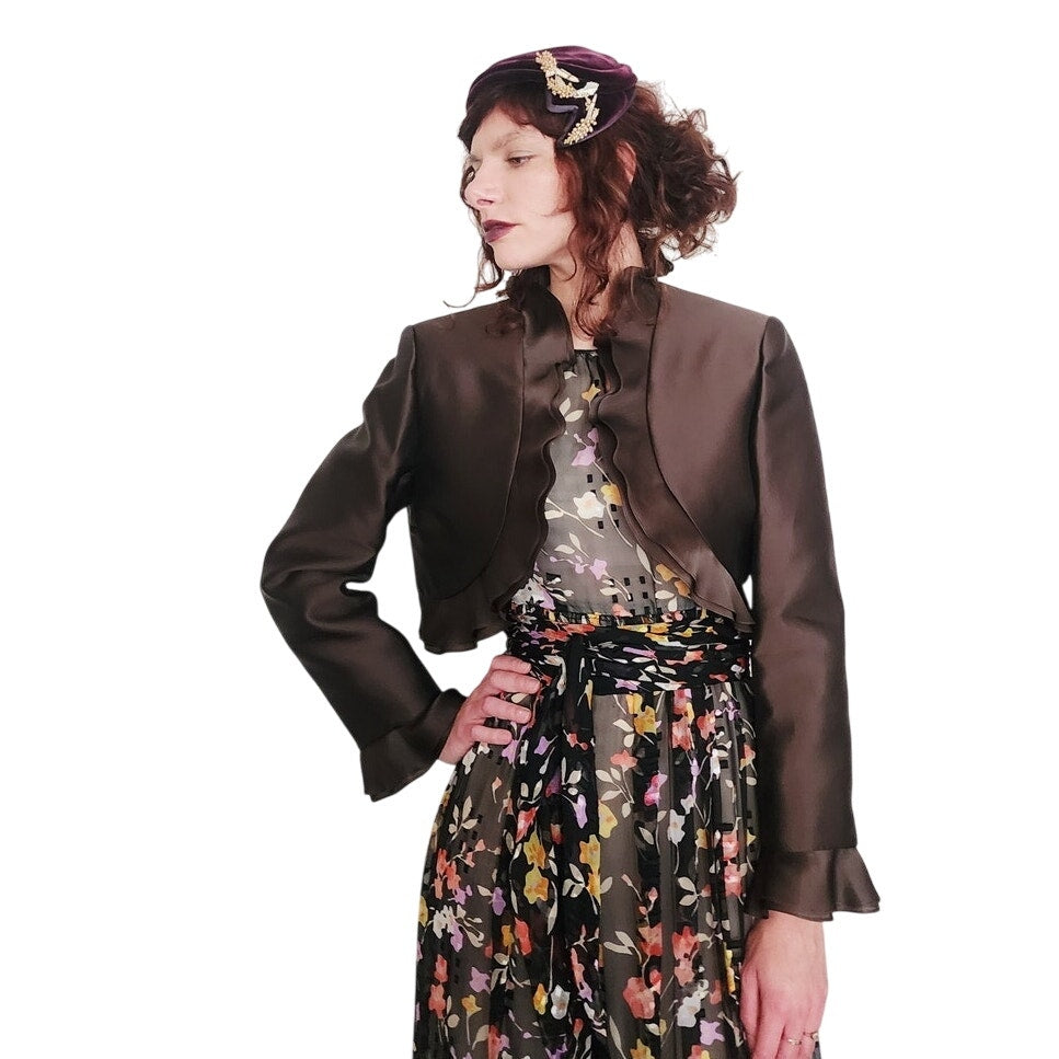 Vintage Brown Jacket Ruffled Trim Wool Silk Frascara M