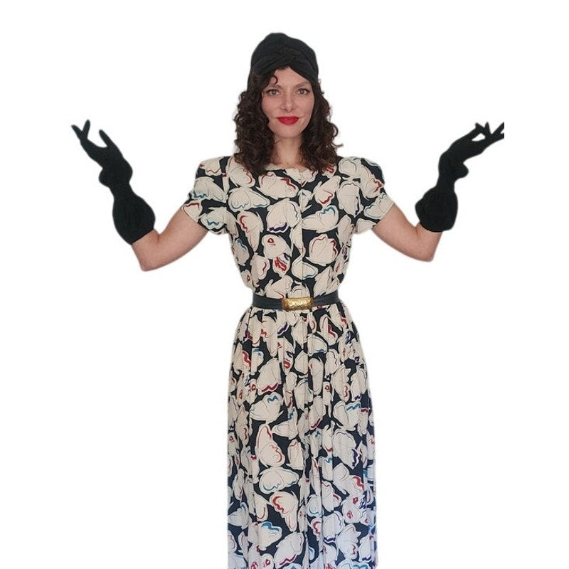 Vintage 1980s Krizia Dress Silk Abstract Print Puff Sleeves Open Back Midi IT 40