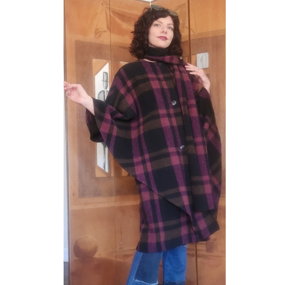 Vintage 90s Purple Wool Plaid Poncho Cloak Coat Cape w/Scarf