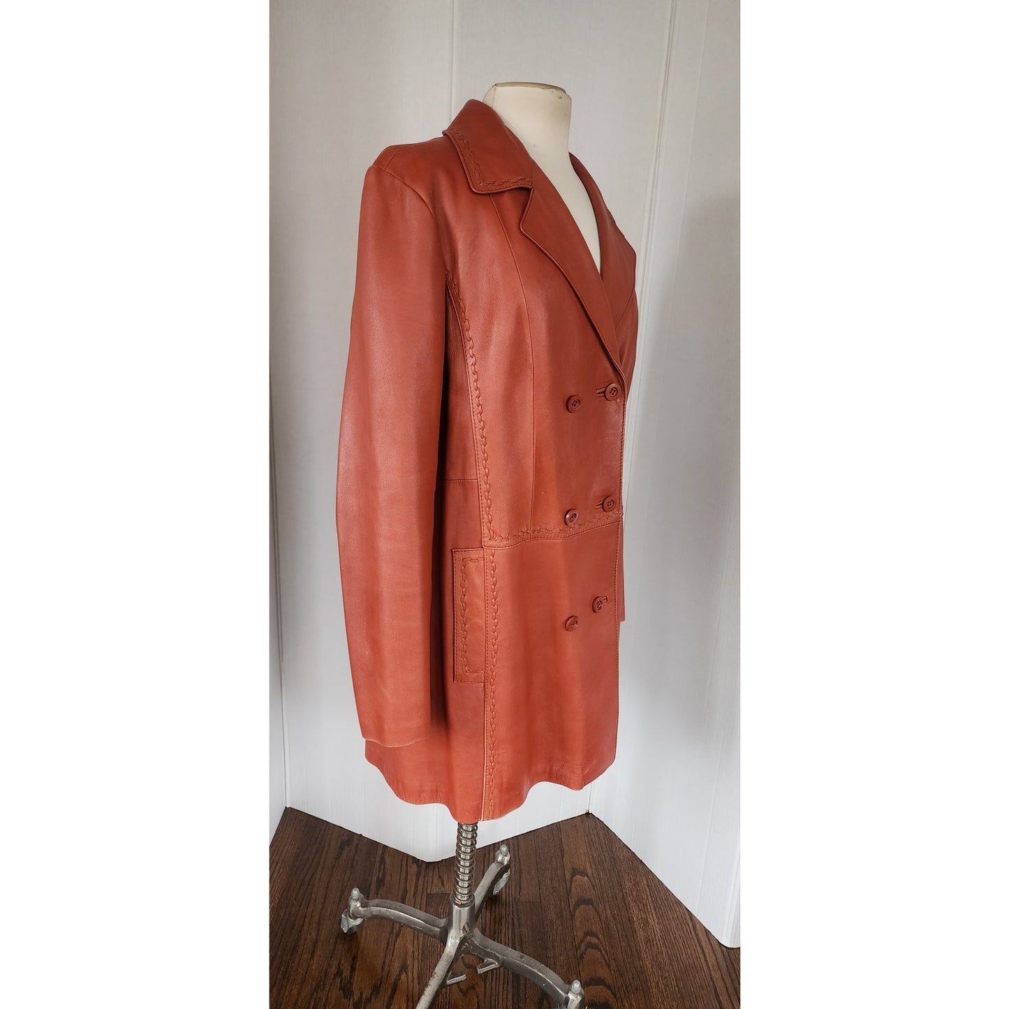 Vintage 70s Brown Leather Coat Hip Length Double Breasted / L