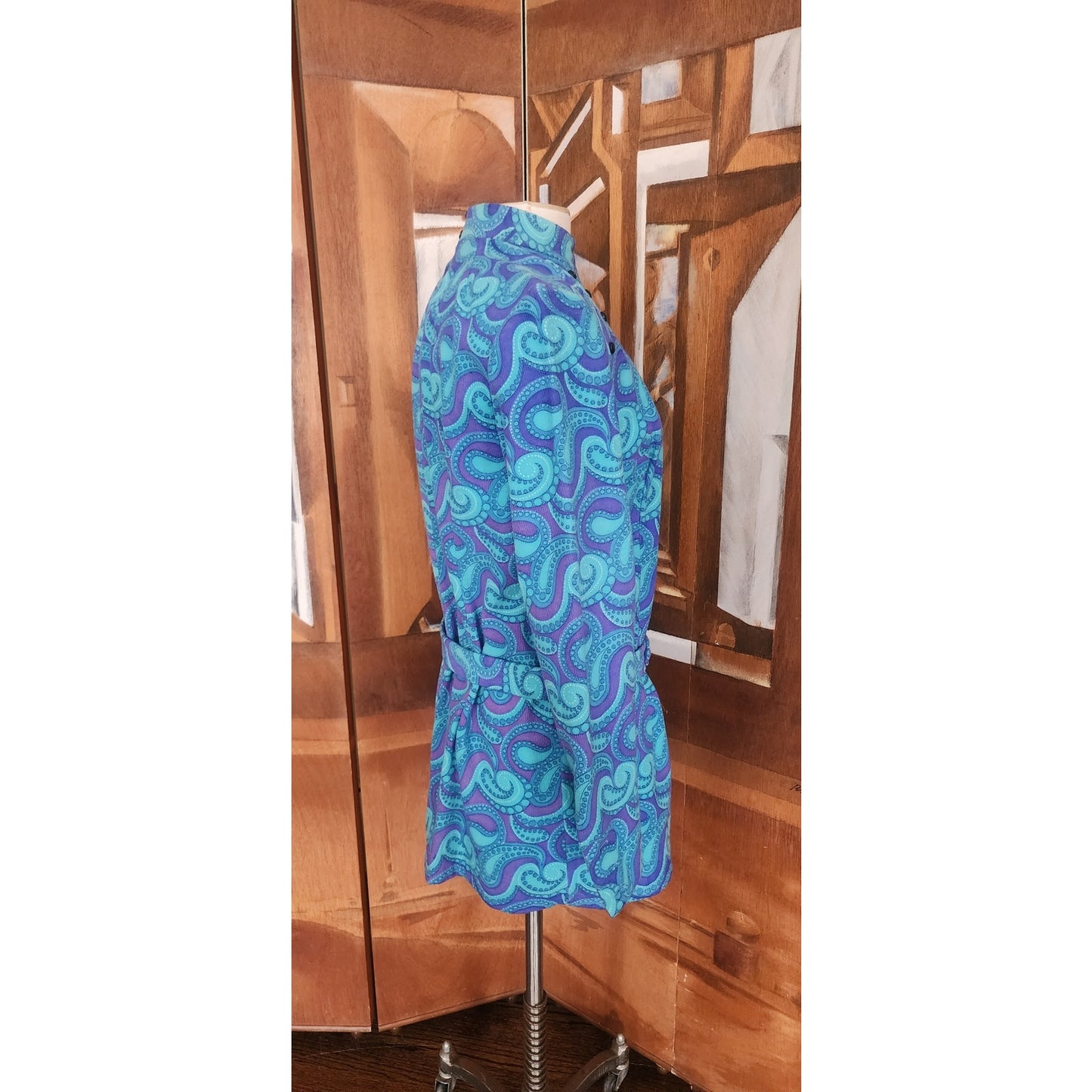 RARE 60s Vintage Blusen Horn German Designer Psychedelic Paisley Mod Tunic Top Blue Purple