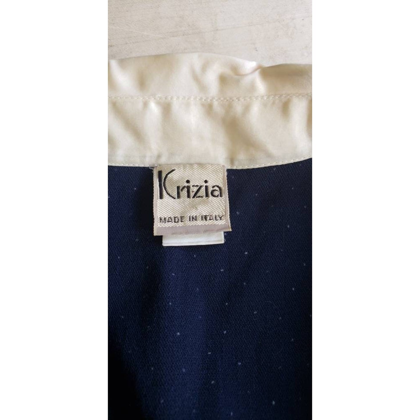 Vintage 80s Krizia Dress Navy Blue White Micro Dot Print White Collar