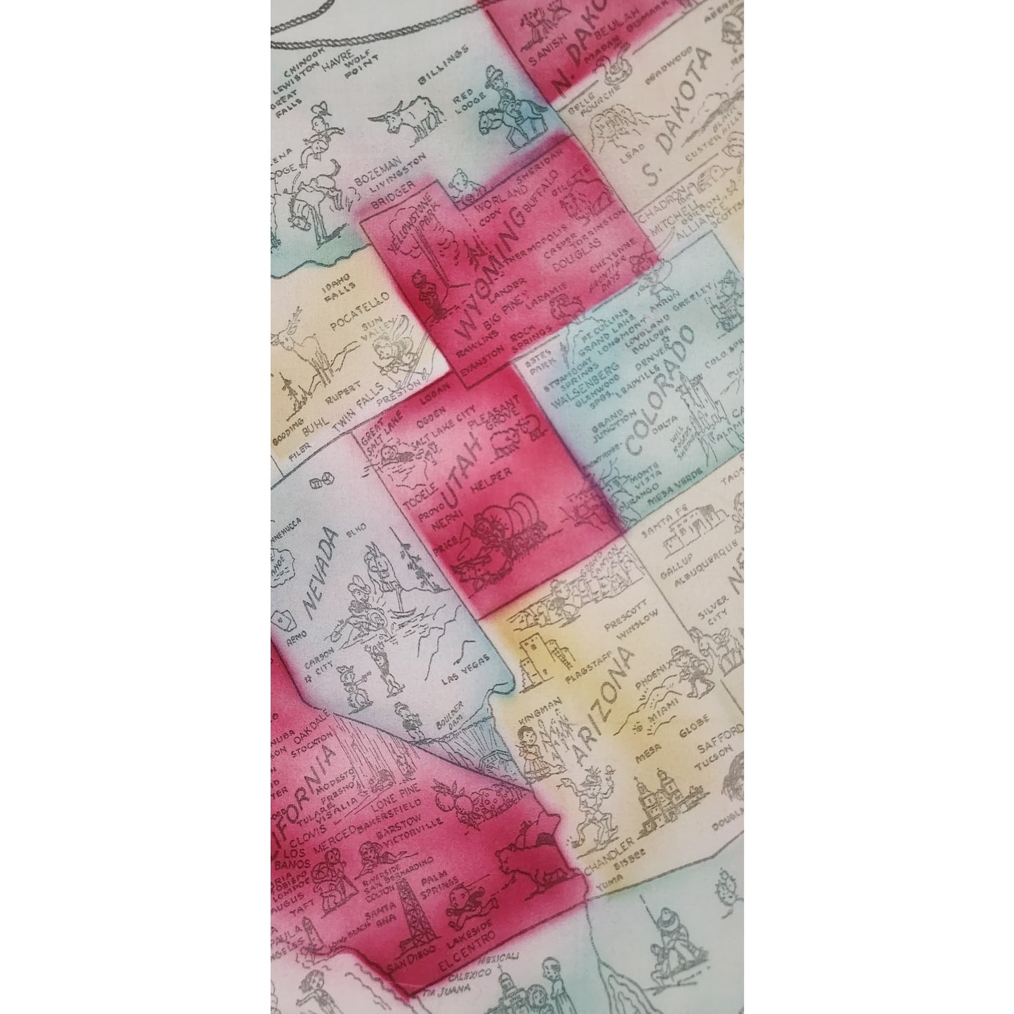 Vintage Cowboy Souvenir Scarf Map of Western United States