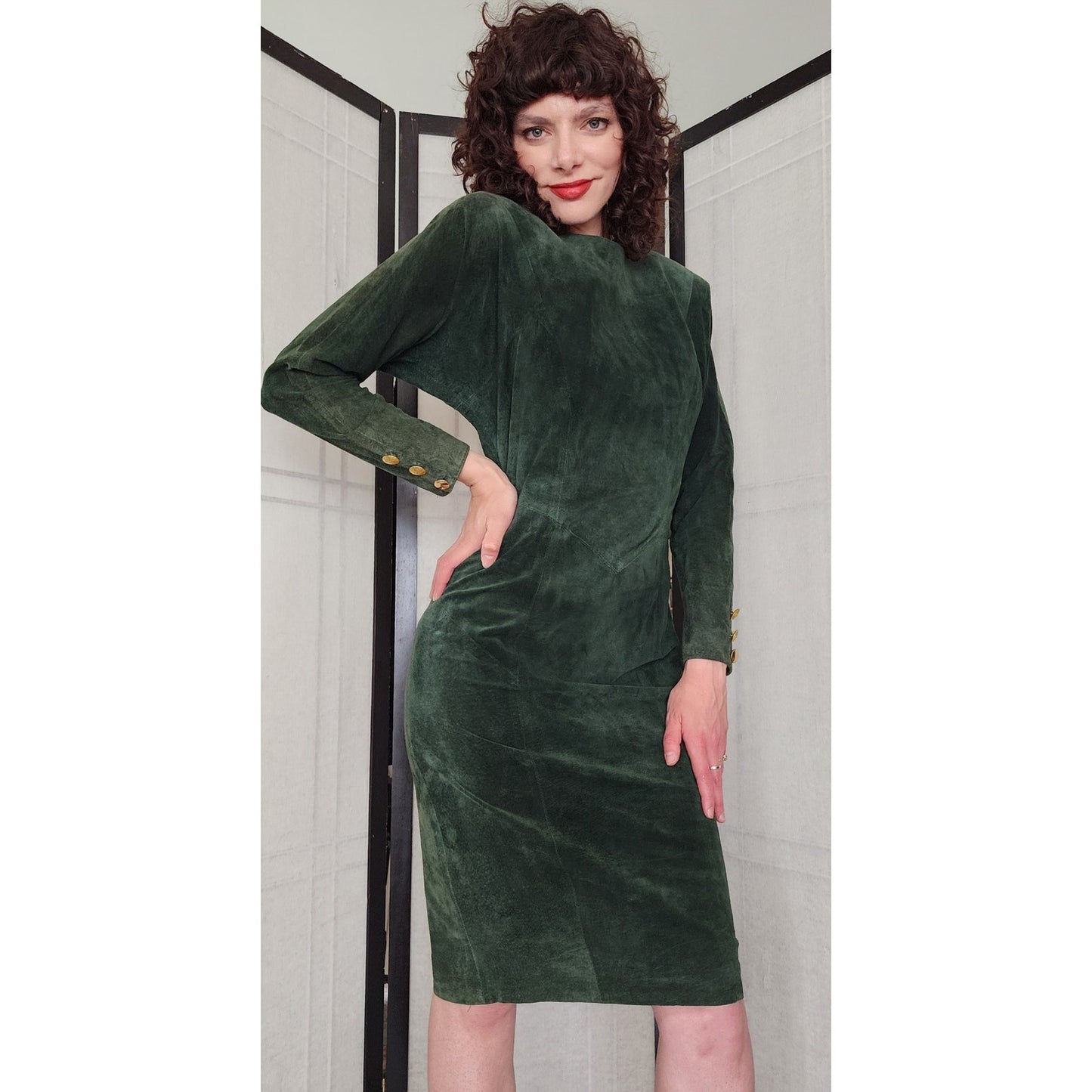 Vintage 80s Green Suede Dress Gold Button Back Firenze