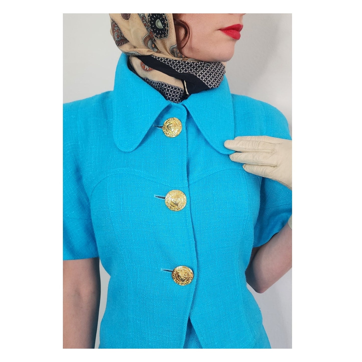 Vintage 1990s Christian Lacroix Skirt Suit Turquoise Blue + Gold Buttons / M