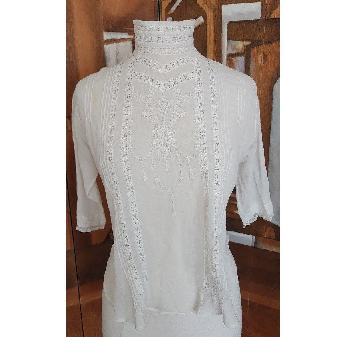 Antique Edwardian Blouse Embroidered White Cotton Lace High Neckline